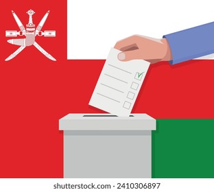 Oman election concept. Hand puts vote bulletin into vote box.