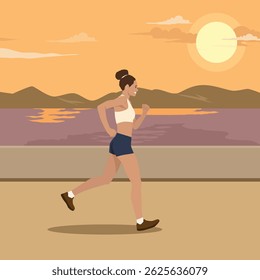 oman enjoys a refreshing jog along a scenic waterfront path as the sun sets behind the mountains. Flat vector illustration isolated on white background