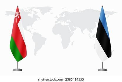 Oman and Estonia flags for official meeting against background of world map.