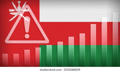 Oman flag with burlap texture, warning sign, and rising bar chart symbolizing increasing risk or growth challenges in the country. Ideal for data presentations.