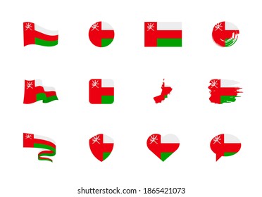 Oman flag - flat collection. Flags of different shaped twelve flat icons. Vector illustration set