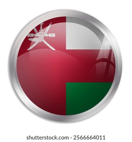 Oman flag - glossy circle button displays a colorful flag representing a country cultural identity and heritage. The essence of national pride and unity.