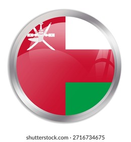 Oman flag - glossy circle button in metal frame displays a colorful flag of a country cultural identity and heritage. The essence of national pride and unity.
