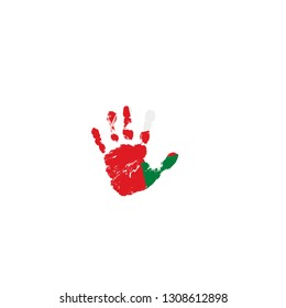 Oman flag and hand on white background. Vector illustration