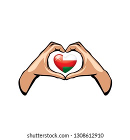 Oman flag and hand on white background. Vector illustration