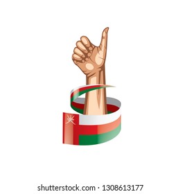 Oman flag and hand on white background. Vector illustration