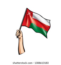 Oman flag and hand on white background. Vector illustration
