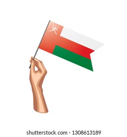 Oman flag and hand on white background. Vector illustration