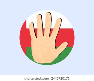 Oman-Fahne mit Handstoppschild, Protest- und Menschenrechtsidee, Vektorgrafik-Design, Protest in Oman, Einschränkung oder verbotenes Emblem, Verletzung der Meinungsfreiheit, Krieg stoppen