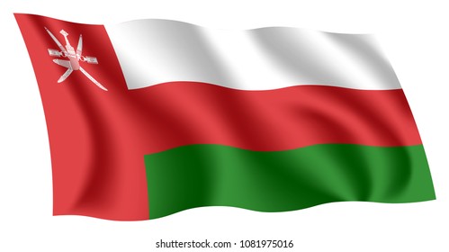 Oman flag. Isolated national flag of Oman. Waving flag of the Sultanate of Oman. Fluttering textile omani flag. Dagger and two swords.