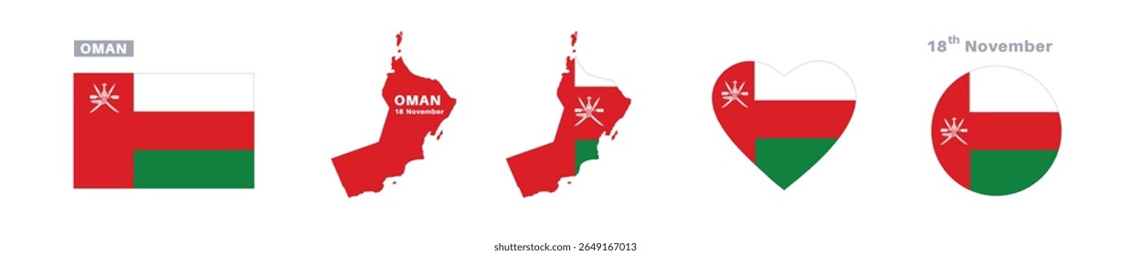 oman flag and map set. oman flag in official colors and proportions. dia da independência 18 de novembro , mapa, círculo e coração em forma de oman