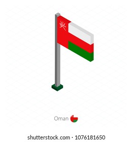 Oman Flag on Flagpole in Isometric dimension. Isometric blue background. Vector illustration.