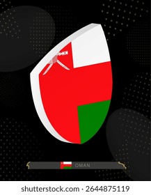 Oman Flag Shield icon in 3D on Dark Modern Abstract Rugby Background. Perfect for sports events, heritage themes, national celebrations, and patriotic designs.