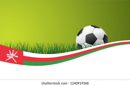 Oman flag. Soccer green football grass field. Flat vector background banner or poster. Template for EK, WK play model. Sport finale, school game. Team sports. Foot ball sign.