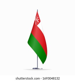 Oman flag state symbol isolated on background national banner. Greeting card National Independence Day of the Sultanate of Oman. Illustration banner with realistic state flag.