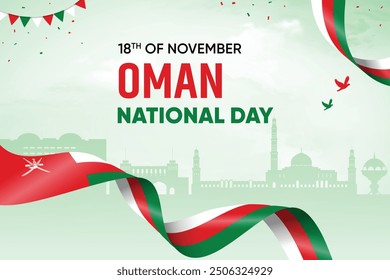 Oman Flag Waving On Skyline Background. National Day Concept Design Vector Illustration.