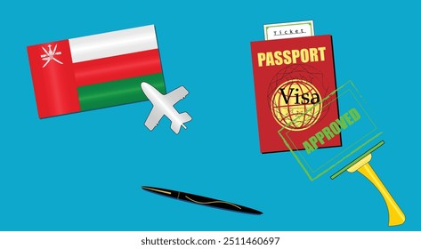 Oman flag with white plane icon. Passport with visa approved stamp. Black stylish Pen. Omani Travel poster. Editable vector EPS available