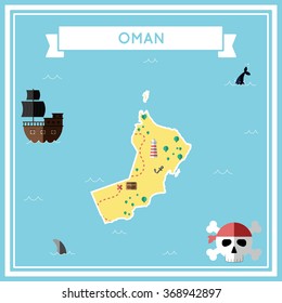 Oman flat treasure map. Colorful cartoon treasure map of Oman with flat icons of pirate ship, jolly roger, treasure chest and banner ribbon. Flat design vector illustration.