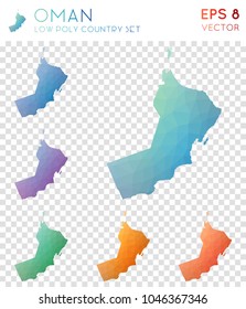 Oman geometric polygonal, mosaic style country maps collection. Wonderful low poly style, modern design for infographics or presentations.