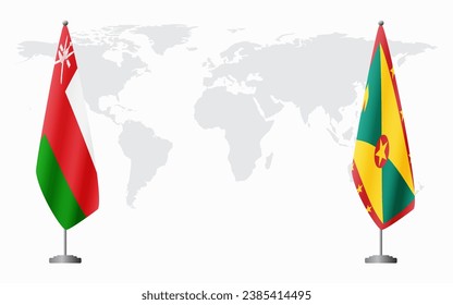Oman and Grenada flags for official meeting against background of world map.