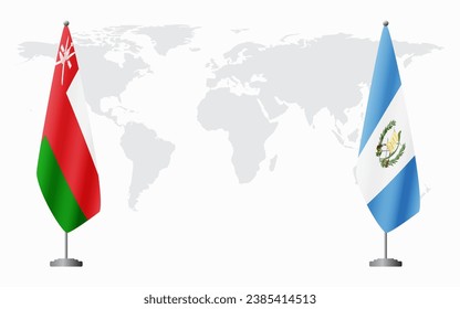 Oman and Guatemala flags for official meeting against background of world map.