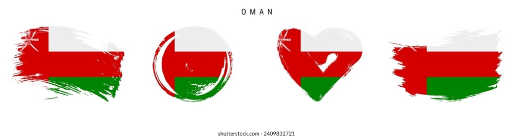 Oman hand drawn grunge style flag icon set. Omani banner in official colors. Free brush stroke shape, circle and heart-shaped. Flat vector illustration isolated on white.