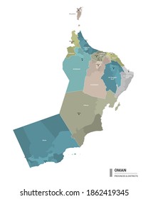 Oman higt detailed map with subdivisions. Administrative map of Oman with districts and cities name, colored by states and administrative districts. Vector illustration.