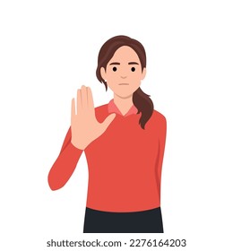 oman ignoring smb by gesturing stop with hand, showing rejection sign. Person with dissatisfied facial expression. Mute communication. Flat vector illustration isolated on white background