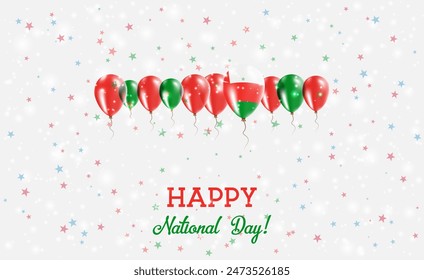 Oman Independence Day Sparkling Patriotic Poster. Row of Balloons in Colors of the Omani Flag. Greeting Card with National Flags, Confetti and Stars.