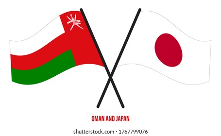 Oman and Japan Flags Crossed And Waving Flat Style. Official Proportion. Correct Colors.