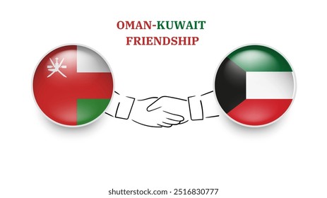 Bandeiras de Omã e do Kuwait em círculo com a mão tremenda. Amizade entre Omã e Kuwait. Bandeiras de Omã e Kuwait, isoladas sobre fundo branco. Ilustrador de vetor 