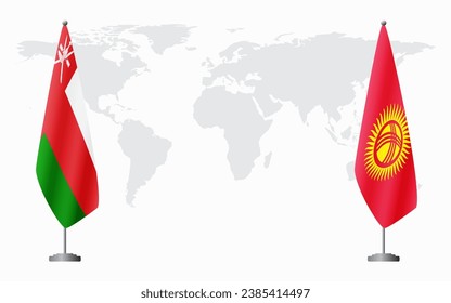 Oman and Kyrgyzstan flags for official meeting against background of world map.