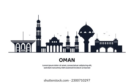 Oman line skyline concept. Traditional oriental architecture. Design element for invitation and greeting postcard. Silhouettes of buildings with spiers and domes. Cartoon flat vector illustration