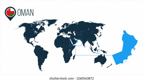 Oman location on the world map for infographics. All world countries without names. Oman round flag in the map pin or marker. vector illustration on stripped background.