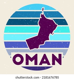 Oman logo. Sign with the map of the country and colored stripes, vector illustration. Can be used as insignia, logotype, label, sticker or badge of Oman.