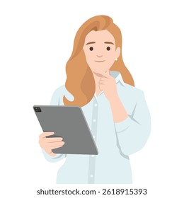 oman with long blonde hair thoughtfully looks at a tablet, appearing deep in decision making. Flat vector illustration isolated on white background