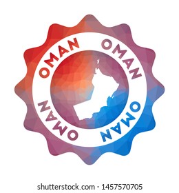 Oman low poly logo. Colorful gradient travel logo of the country in geometric style. Multicolored polygonal Oman rounded sign with map for your infographics.