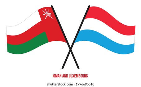 Oman and Luxembourg Flags Crossed And Waving Flat Style. Official Proportion. Correct Colors.