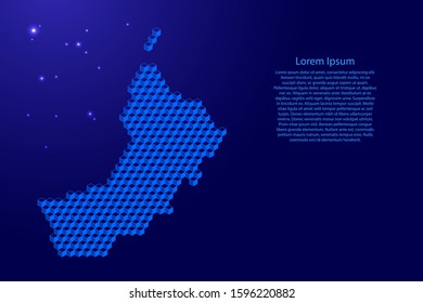 Oman map from 3D classic blue color cubes isometric abstract concept, square pattern, angular geometric shape, glowing stars. Vector illustration.