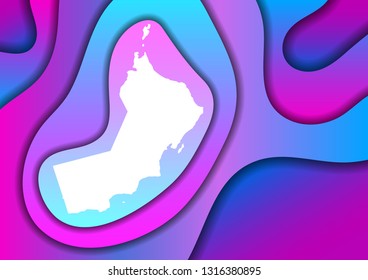 Oman map abstract schematic from gradient layers pink and blue colors paper cut 3D waves and shadows one over the other. Layout for banner, poster, greeting card. Vector illustration.