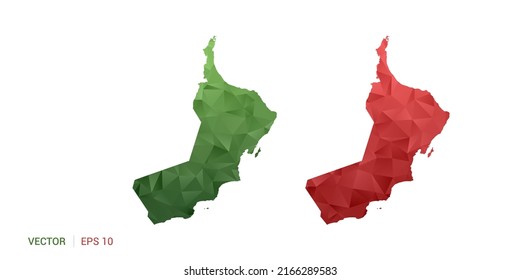 Oman map of abstract vector polygon set couple color green and red.