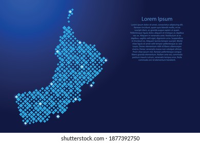 Oman map from blue pattern rhombuses of different sizes and glowing space stars grid. Vector illustration.