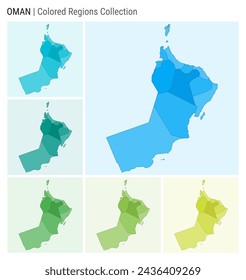 Oman map collection. Country shape with colored regions. Light Blue, Cyan, Teal, Green, Light Green, Lime color palettes. Border of Oman with provinces for your infographic. Vector illustration.