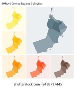 Oman map collection. Country shape with colored regions. Blue Grey, Yellow, Amber, Orange, Deep Orange, Brown color palettes. Border of Oman with provinces for your infographic. Vector illustration.