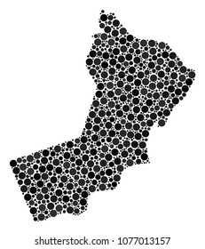 Oman Map composition of small circles in variable sizes. Randomized filled circles are combined into Oman Map composition. Vector geographical map vector illustration.