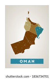 Oman map. Country poster with regions. Old grunge texture. Shape of Oman with country name. Modern vector illustration.