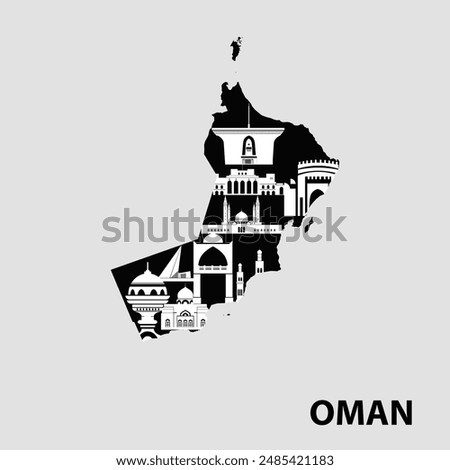 Oman Map with Detailed Black and White Iconic Buildings Illustration