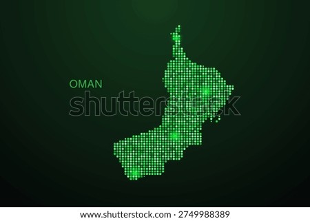 Oman Map - Digital dotted map with glowing green points on dark background, modern technology style, abstract data network design, clean minimal geometric vector illustration.