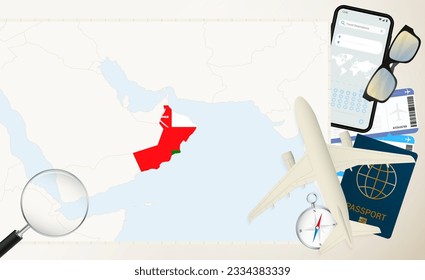 Oman map and flag, cargo plane on the detailed map of Oman with flag, passport, magnifying glass and airplane. Vector template.