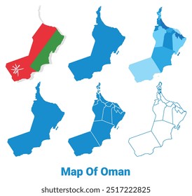 Omán Mapa con la bandera y el esquema plano conjunto de Ilustración vectorial